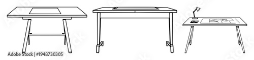 Architectural drafting table set with clean black line art on white background featuring drafting, design, geometry with studio and workspace