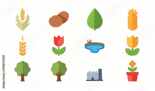 Colorful flat vector icon collection with cereal potato leaf tulip pond fruit tree flower and factory isolated on white background