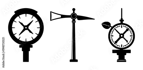 Anemometer set with flat vector icon of a wind gauge featuring bold outlines, solid black, white background with weather symbol and anemometer illustration