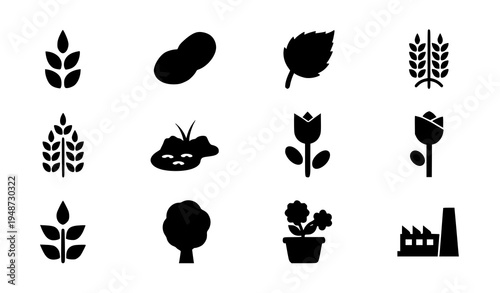 Minimalist flat vector icon set of cereal potato leaf tulip pond fruit tree flower and factory isolated on white background