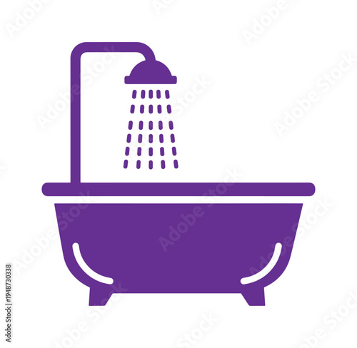 Purple bathtub with shower head and water droplets on transparent background