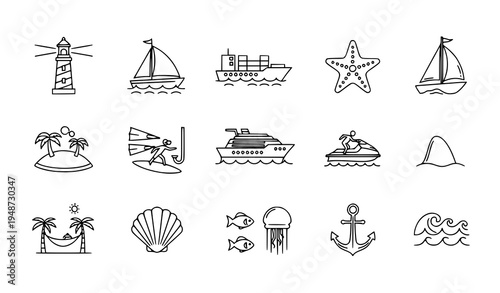 Minimalist thin line sea and nautical icon set with lighthouse boat sail island and marine animals isolated on white background