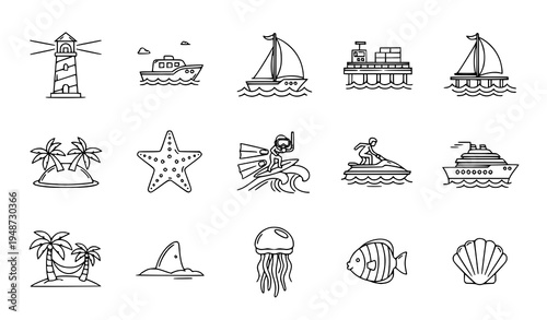 Cute thin line ocean and beach icon set with lighthouse boat sail island starfish and marine life isolated on white background