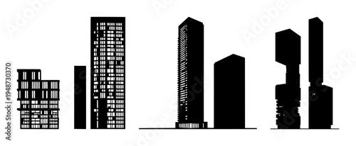 Skyscraper set with solid black silhouette and geometric grid design featuring futuristic, modular, sustainable architecture with urban planning and city skyline
