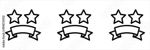 Three star icons above ribbon banners on white background line art rating review