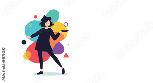 Young woman in a stylish black dress and hat holds a small bowl against a vibrant backdrop of abstract colorful organic shapes and symbols.