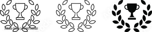 Three icons of a trophy surrounded by laurel leaves in outline and solid styles Keywords: icon, trophy, cup, award, winner