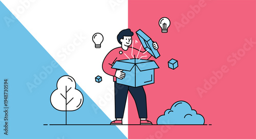 Creative man standing on a divided background opens a box to release glowing light bulbs and floating cubes representing new business ideas.