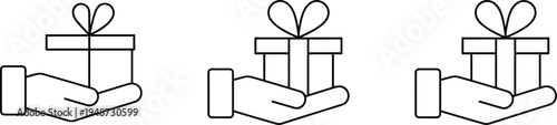Three outline icons of a hand holding a gift box with a bow present giving
