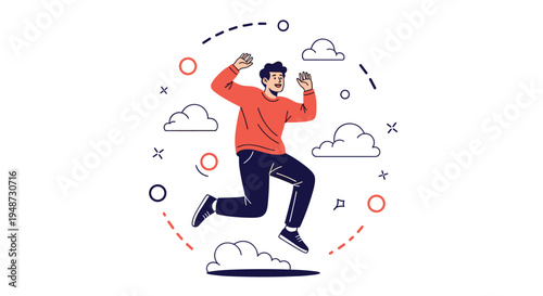 Joyful man in a red sweater jumps high into the air surrounded by clouds and abstract geometric elements within a circular composition.
