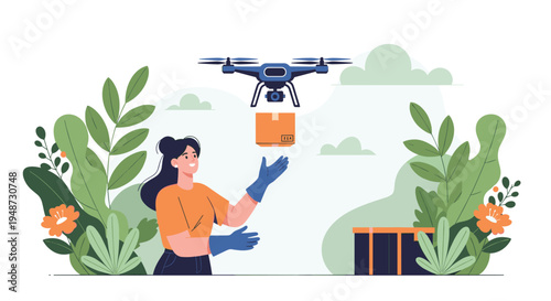 Young woman in a garden reaches out to receive a cardboard package delivered by a modern flying drone amidst lush green plants and flowers.