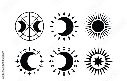 Celestial Moons, Suns, and Stars in Black and White