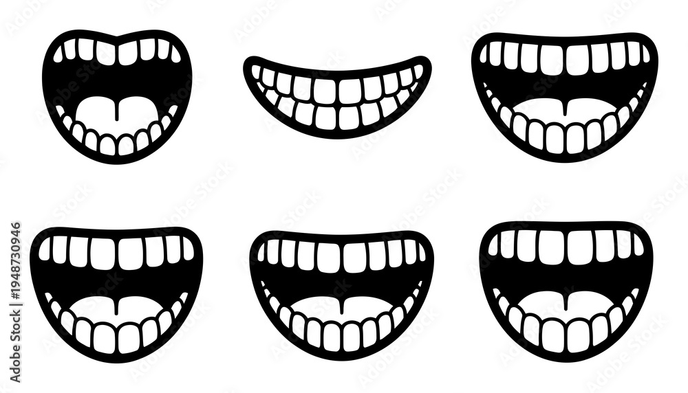 Obraz premium Collection of Six Black and White Cartoon Mouths with Teeth