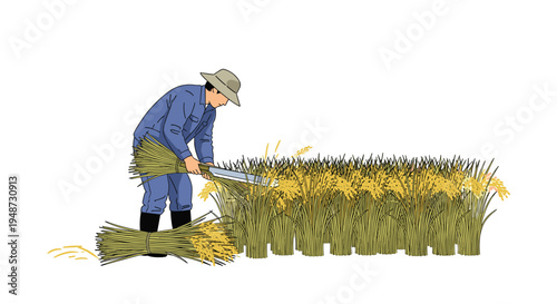 Traditional farmer wearing a straw hat and blue work clothes harvests ripe rice stalks by hand in a vast golden field under bright sunlight.