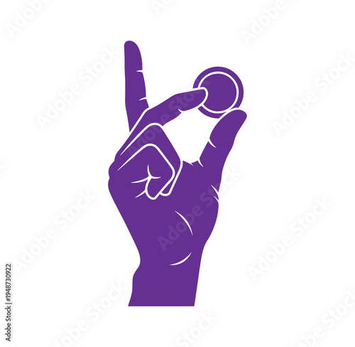 Purple hand holding a coin between thumb and index finger  financial concept