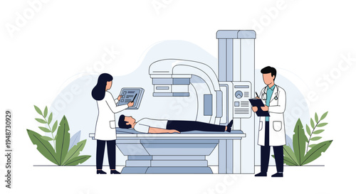 Patient lies on a specialized medical bed for an MRI scan while two doctors monitor the imaging results on digital screens in a hospital.