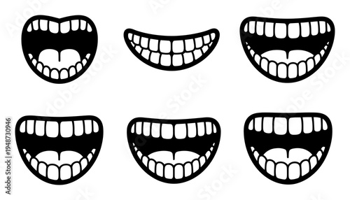 Collection of Six Black and White Cartoon Mouths with Teeth