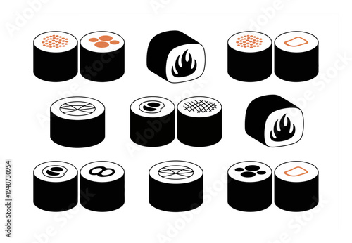 Collection of stylized sushi rolls with various toppings and