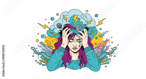 Stressed woman holds her head in pain while chaotic clouds of lightning and storm symbols represent a severe headache or mental pressure.