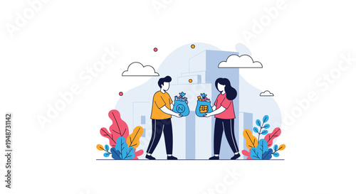 Man and woman exchange bags of recyclable materials in front of a city skyline to promote environmental sustainability and waste reduction.