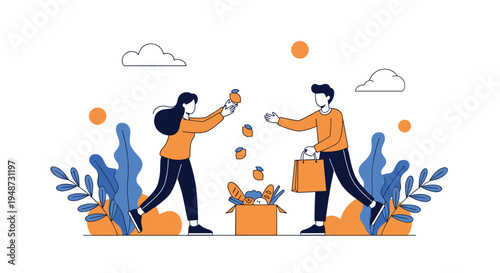 Two people work together to pack fresh produce and groceries into a cardboard box for a food bank donation or home delivery service project.