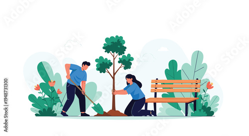Couple works together to plant a young tree in a public park near a wooden bench to help the environment and improve urban green spaces.