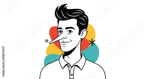 Stylized portrait of a man with a long nose like a storybook character standing in front of vibrant abstract shapes in a flat design style.