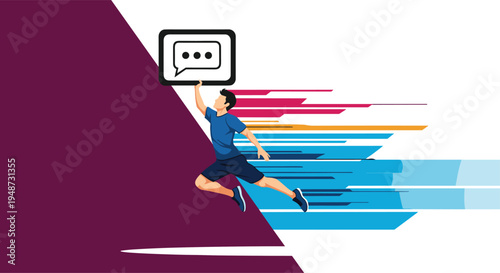 Athletic man jumps through the air while holding a message bubble icon with colorful dynamic motion lines representing fast communication.