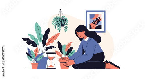 Woman sits on the floor carefully potting indoor plants with an hourglass nearby to symbolize the slow and mindful process of gardening at home.
