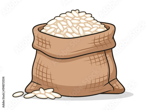 white rice grains in burlap sack vector