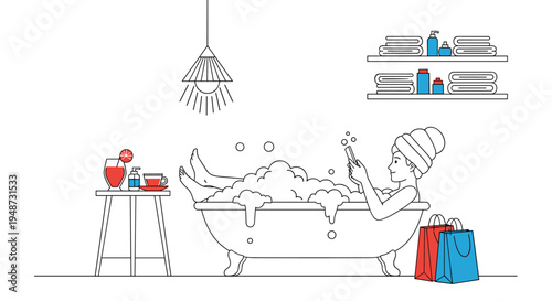 Woman enjoys a relaxing bubble bath while using her smartphone and having snacks and drinks nearby along with blue and red shopping bags.