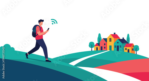 Traveler with a backpack walks along a winding path toward a colorful village while checking his smartphone for directions using a wi-fi signal.