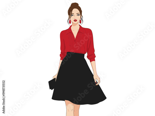 women in black skirt, red formal dress and blouse vector
