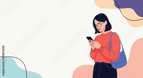 Young woman with glasses and a red sweater looks at her smartphone screen against a decorative background with soft colorful abstract shapes.