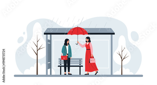 Kind woman holds a red umbrella to share shelter with a stranger at a public bus stop during a rainy day in the city park.