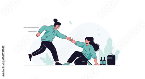 Helpful person in a green hoodie reaches out a hand to assist someone who has fallen down on the ground with their luggage.