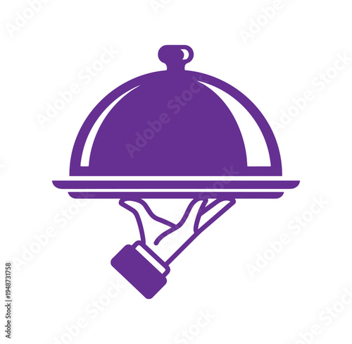Purple serving dish with hand holding tray icon for food presentation