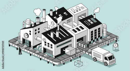 Complex isometric factory building with conveyor belts and a delivery truck shows a busy manufacturing process in a clean black and white style.