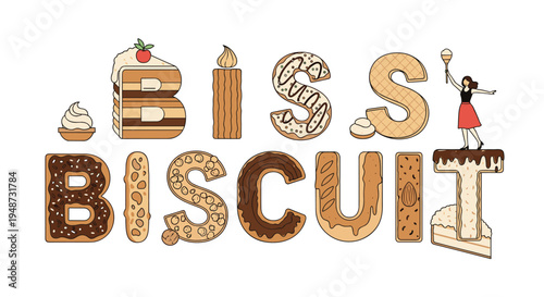 Playful typography spelling out the word biscuit using various illustrated cookies, cakes, and sweet treats in a creative design.