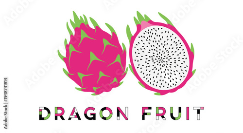 Botanical illustration features two vibrant pink dragon fruits with one shown whole and the other cut in half to reveal the seeds.