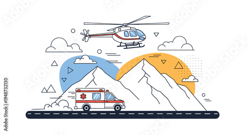 Emergency medical rescue scene shows an ambulance driving on a road and a helicopter flying over a rugged mountain landscape.