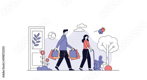 Helpful man carrying shopping bags walks alongside a woman who uses a cane for support while moving through a stylized park area.