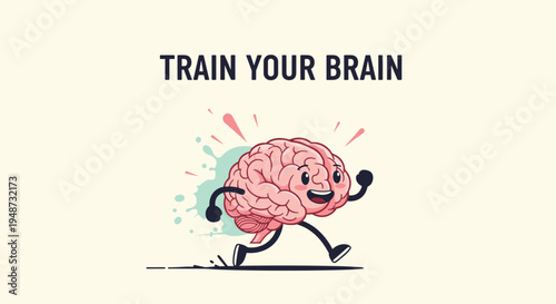 Energetic cartoon brain with arms and legs runs across the screen under the text train your brain to promote mental health and fitness.
