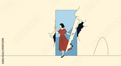 Elegant woman in a red dress steps through a torn paper opening from a beige background into a bright blue doorway or new dimension.