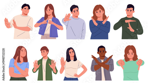 Flat vector illustration set of people showing stop, no, and rejection gestures. Perfect for communication concepts, social messages, and behavioral expressions