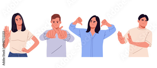 Flat vector illustration set of people showing stop, no, and rejection gestures. Perfect for communication concepts, social messages, and behavioral expressions.