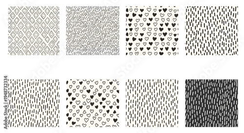 Collection of eight different hand-drawn seamless patterns features hearts, lines, and geometric shapes in a simple black and white.