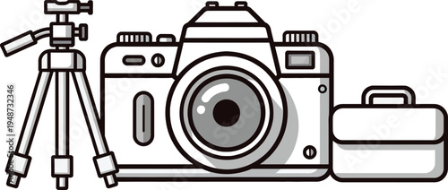 Camera, photography equipment, tripod, suitcase, vector icons