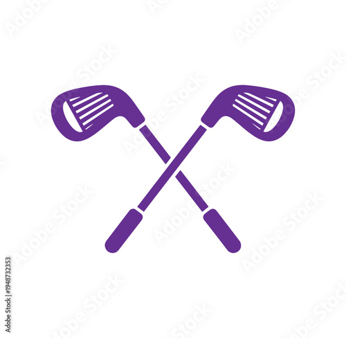 Two crossed golf clubs in purple color on white background