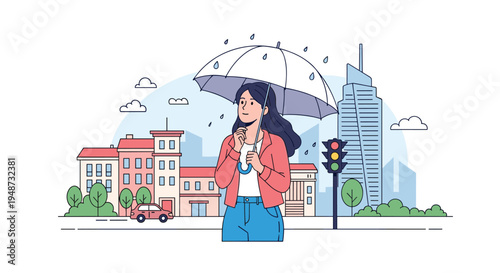 Young woman walks down a city street while holding a large clear umbrella during a rainy day with urban buildings in the background.
